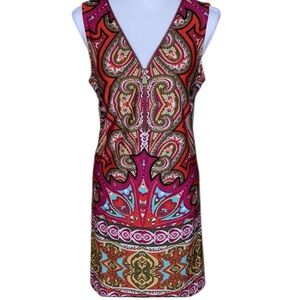 MSK Multi Color Paisley Print Zipper Detail Sleeveless Shift Midi Dress Size M